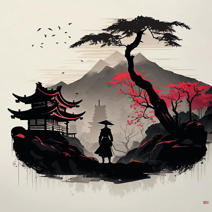 Silhouette of Samurai Man With Mountain Background Digital Art by ...