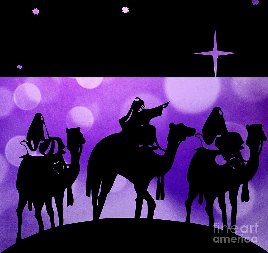 Silhouette of Three Kings on Camels and Star of Bethlehem on Purple Digital Art by Rose Santuci-Sofranko