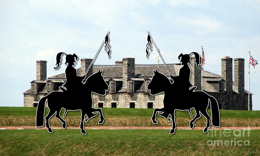 Silhouette of Two Soldiers Facing Off on Horses at Old Fort Niagara French Castle in New York State Mixed Media by Rose Santuci-Sofranko