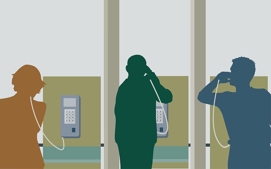 Silhouette of two young men and a young woman talking on pay phones Drawing by ArtBox Images