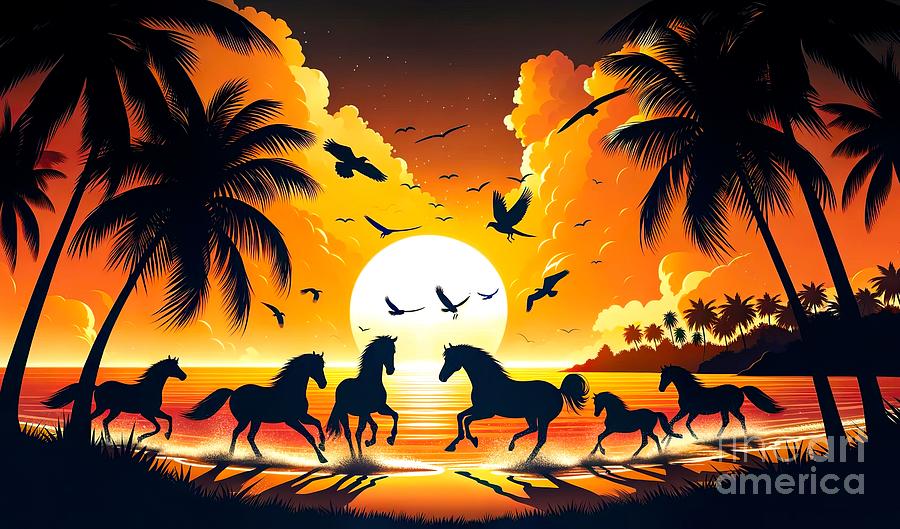 Silhouette of Wild Horses on a Tropical Beach at Sunset Digital Art by Rose Santuci-Sofranko