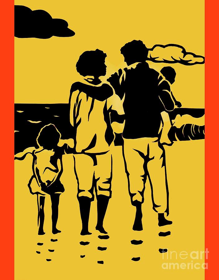 Silhouette Paper Cutting of a Family Walking On The Beach Mixed Media by Rose Santuci-Sofranko