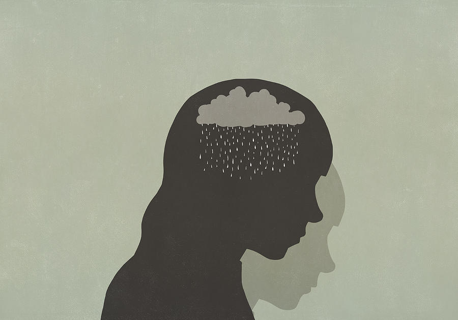 Silhouette sad woman with rain clouds in head Drawing by Malte Mueller