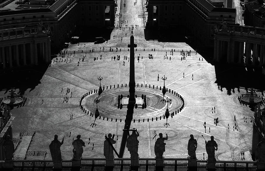 Silhouettes on St. Peters Square Vatican City Rome Italy Black and White Photograph by Shawn OBrien