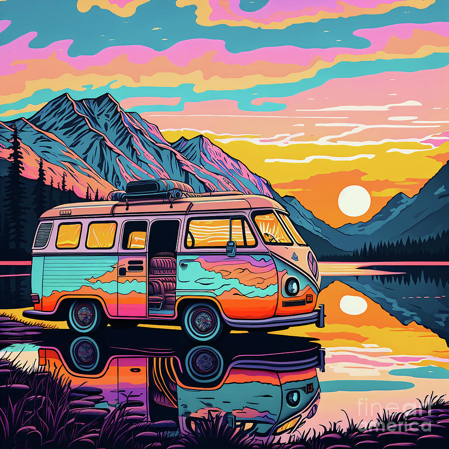 Silkscreen Camper On The Lake 10 Digital Art by Ray Heere - Fine Art ...