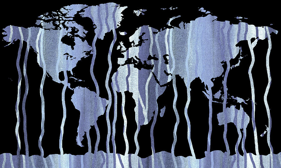 Silky Blue Purple Lines World Map Silhouette Painting by Irina Sztukowski