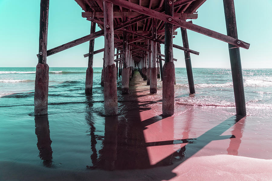 Silky Light and Shadow in Mint Green and Pink - Californian Cool Under the Newport Beach Pier Photograph by Georgia Mizuleva
