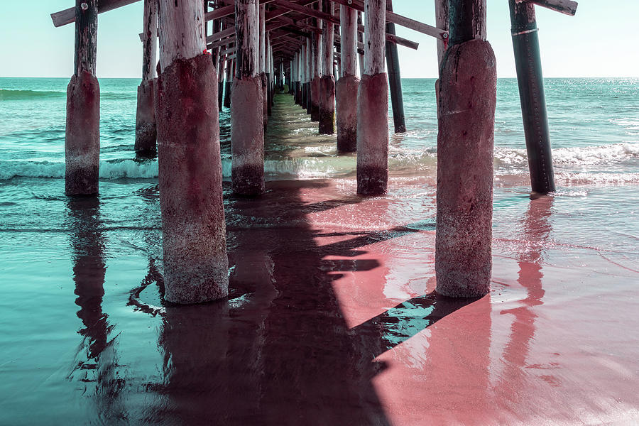 Silky Reflections in Mint Greens and Pinks - Californian Cool Under the Newport Beach Pier Photograph by Georgia Mizuleva