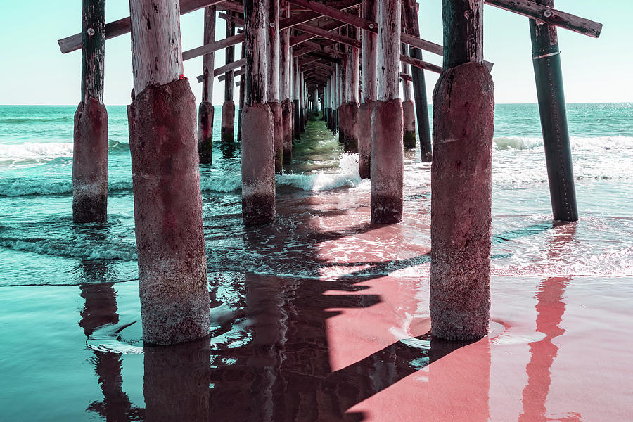 Silky Ripples in Mint Greens and Pinks - Californian Cool Under the Newport Beach Pier Photograph by Georgia Mizuleva