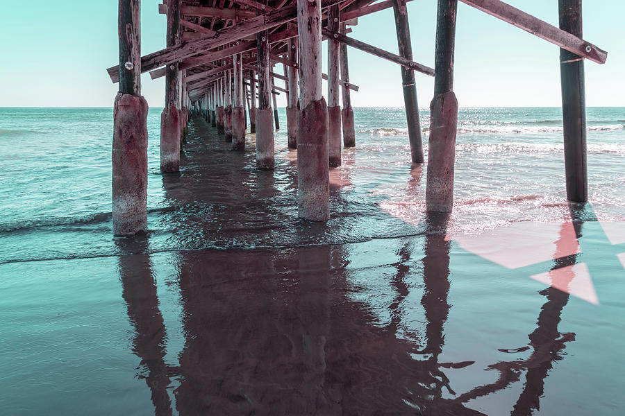 Silky Shadows in Mint Green and Pink - Californian Cool Under the Newport Beach Pier Photograph by Georgia Mizuleva