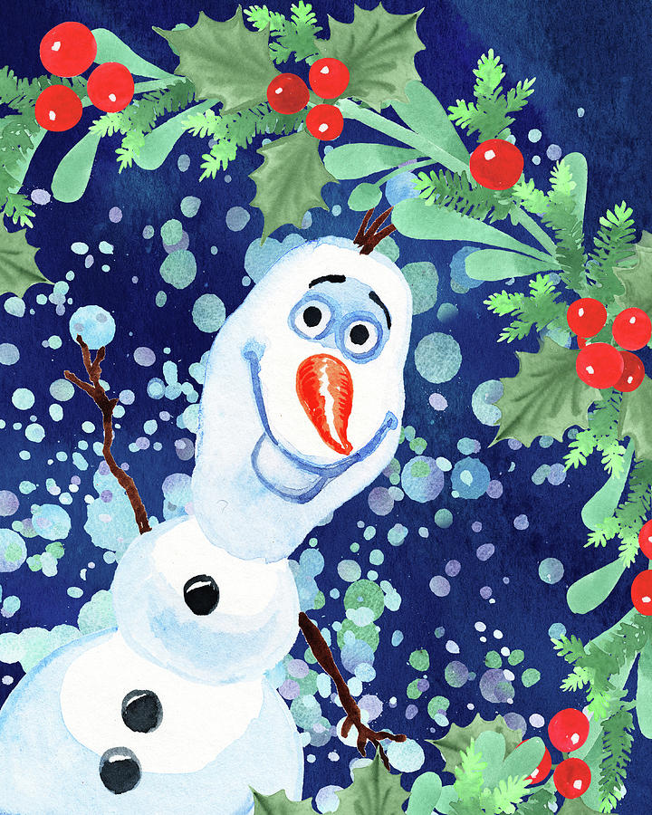 Silly Cute Snowman With Holly Wreath Painting by Irina Sztukowski