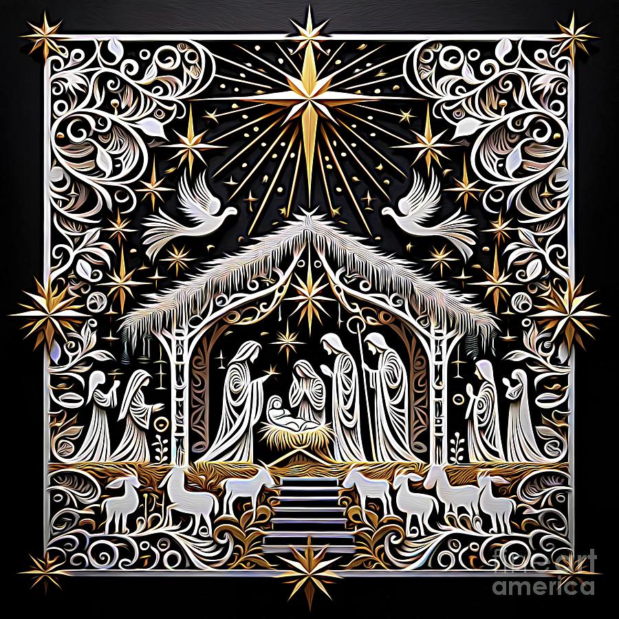 Silver and Gold Christmas Nativity Scene 1 Expressionistic Digital Art by Rose Santuci-Sofranko