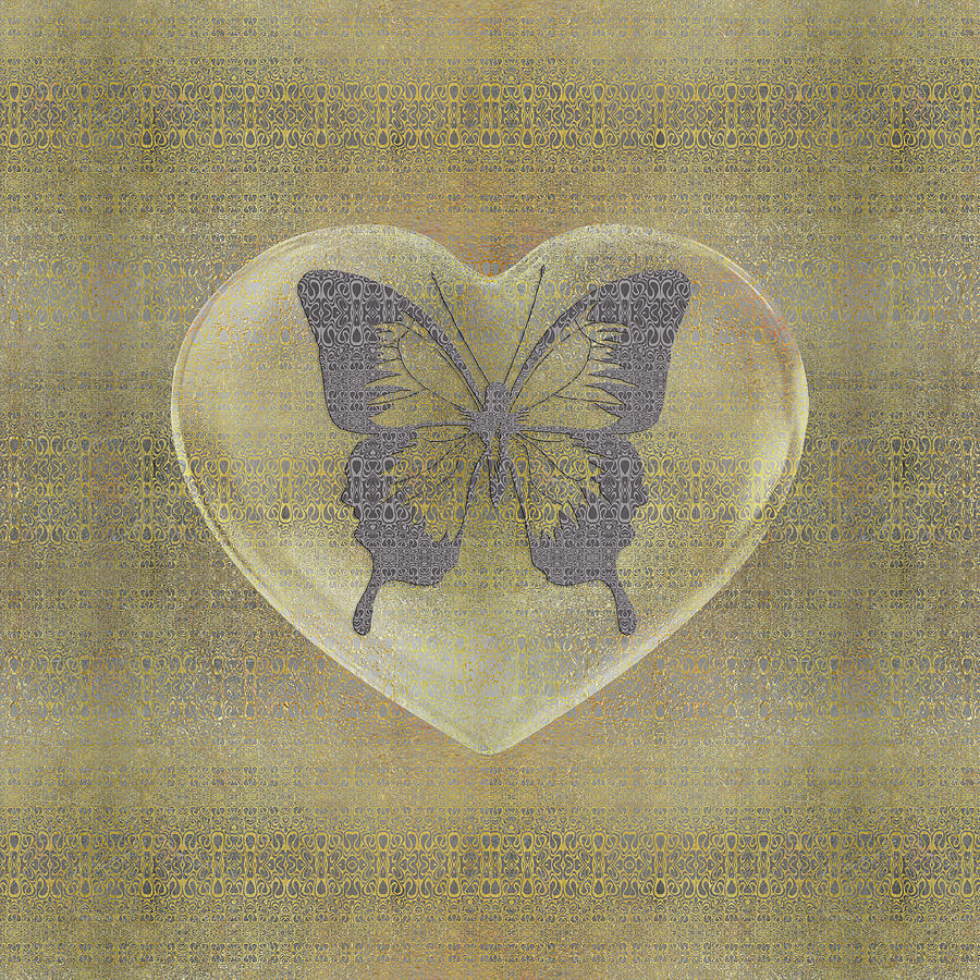 Silver and Gold Leaf  Pattern, Butterfly and Heart  Digital Art by Diego Taborda