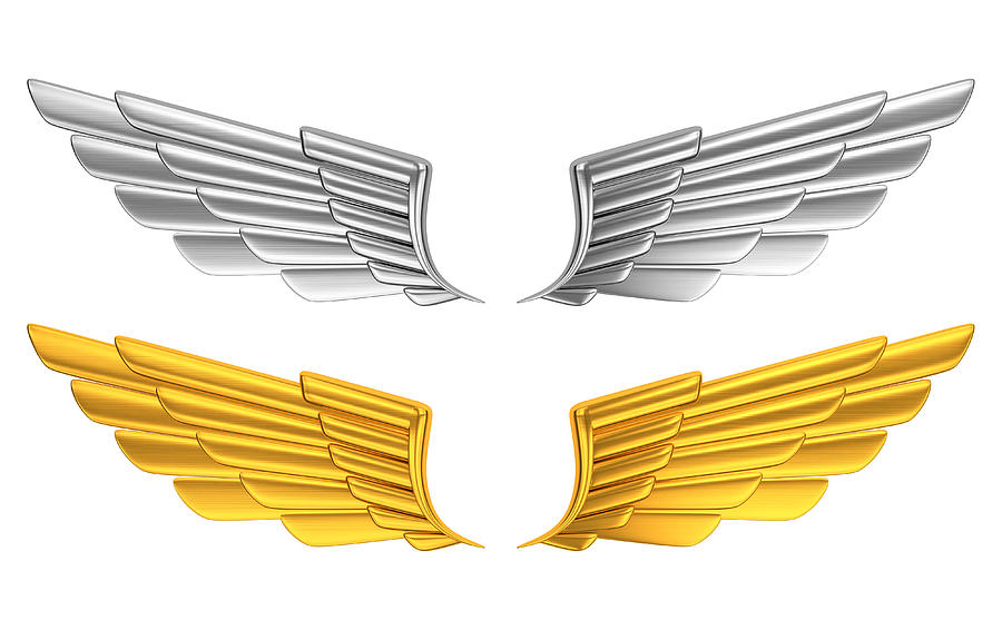 Silver and gold wings against white background Photograph by Visualgo