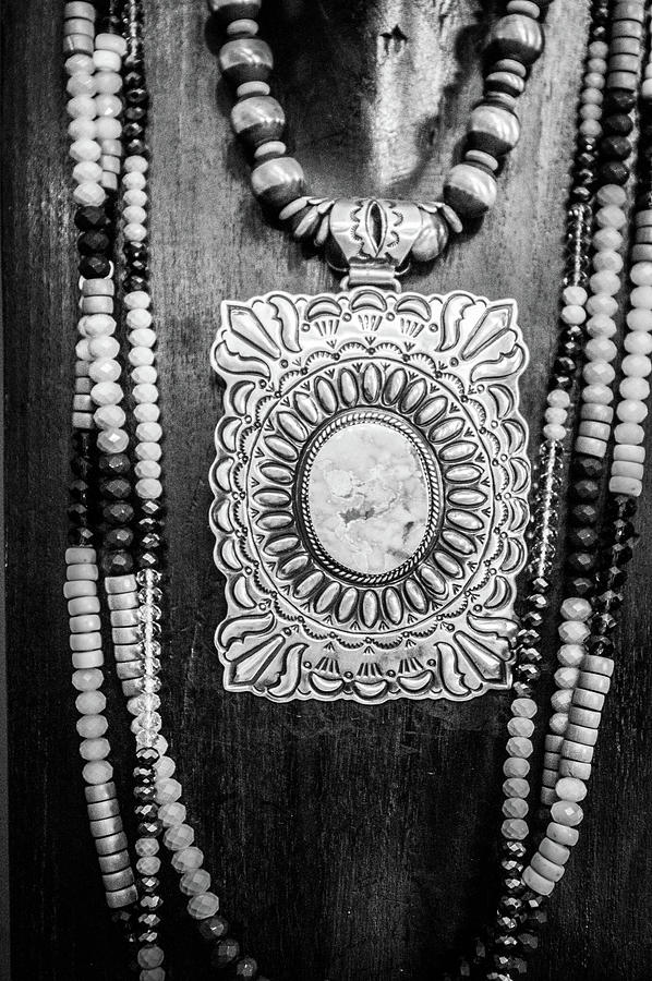 Silver and Turquise Medallion Necklace with Beads, black and white Photograph by Mary Tastad Silver and Turquise Medallion Necklace with Beads, black and white Photograph by Mary Tastad