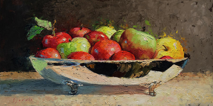 Apple Painting - Silver Bowl With Apples by Susan N Jarvis