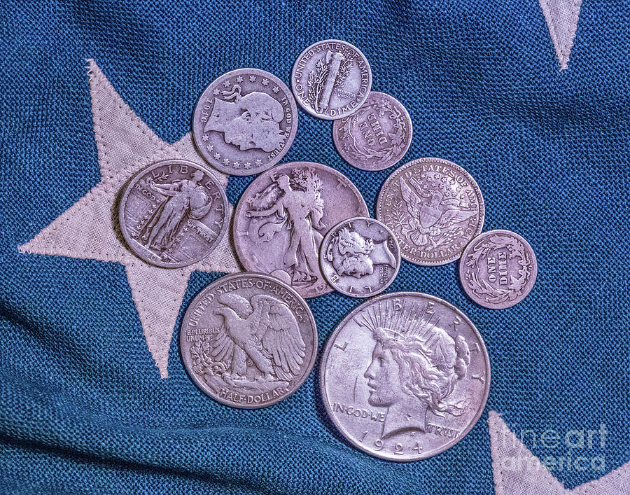 Silver Coins on US Flag  Digital Art by Randy Steele