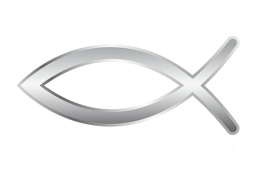 Silver colored sign of the fish symbol, Jesus fish, ichthys or ichthus ...