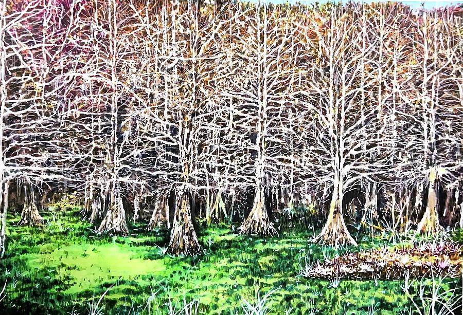 Silver cypress in swamp grass Painting by Thomas Hamm