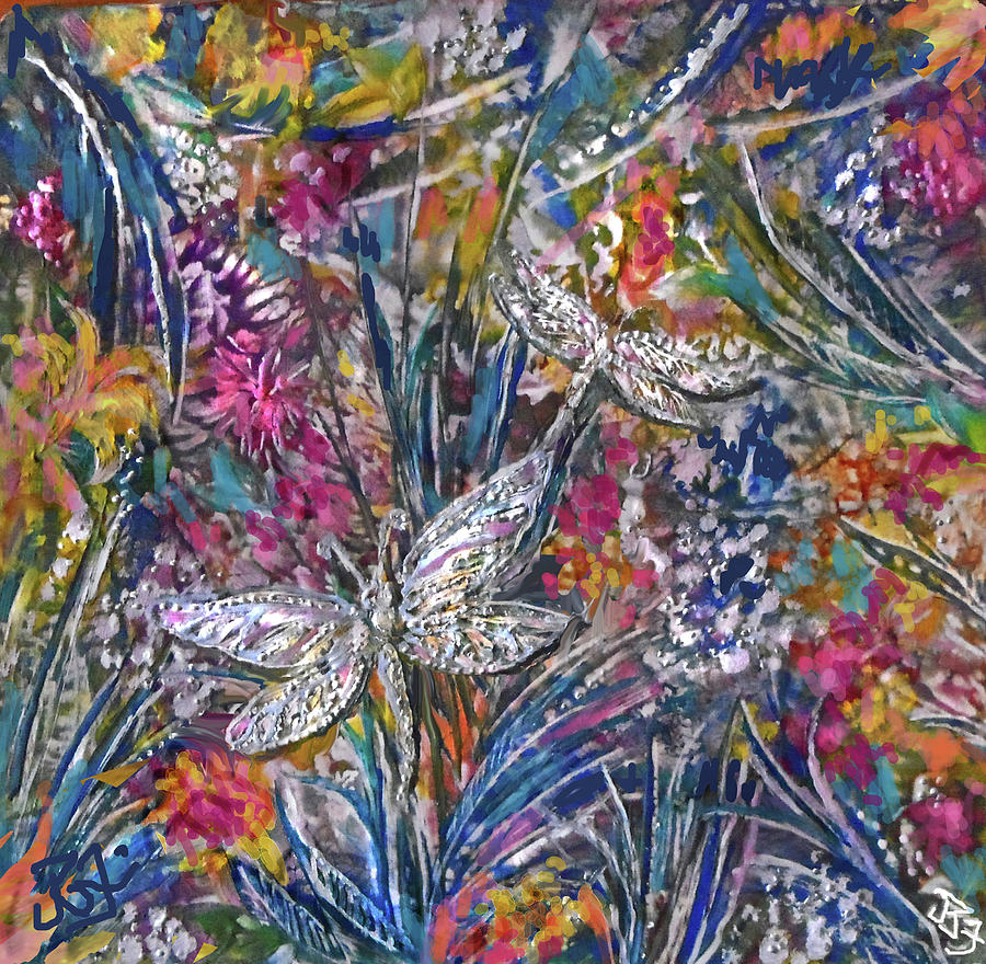 Silver Dragonflies Mixed Media by Jean Batzell Fitzgerald