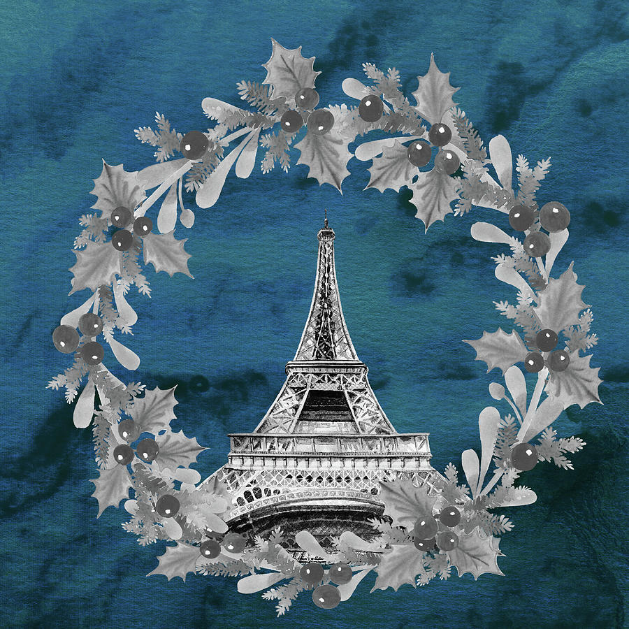 Silver Eiffel Tower And Wreath On Indigo Blue Watercolor  Painting by Irina Sztukowski