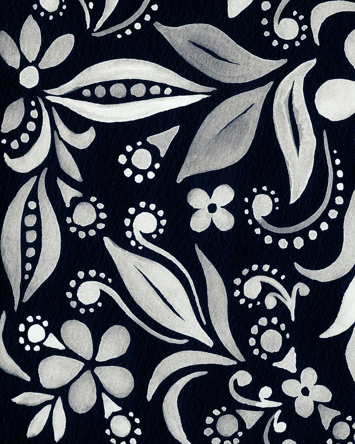 Silver Floral Pattern With Flowers And Leaves On Black Watercolor I Painting