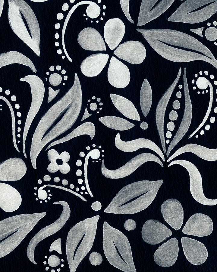 Silver Floral Pattern With Flowers And Leaves On Black Watercolor II Painting
