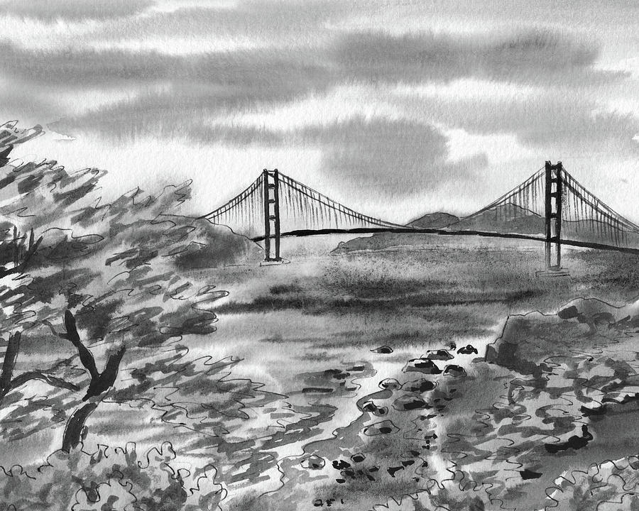 Silver Gray Golden Gate Bridge California San Francisco Travel Watercolor  Painting by Irina Sztukowski