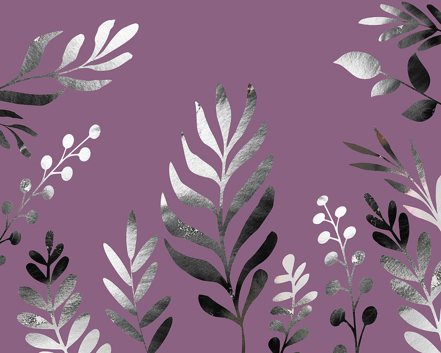 Silver Gray Leaves On Vintage Purple Botanical Pattern Herb Garden Silhouettes I Painting by Irina Sztukowski