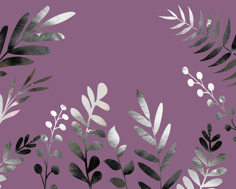 Silver Gray Leaves On Vintage Purple Botanical Pattern Herb Garden Silhouettes II Painting by Irina Sztukowski