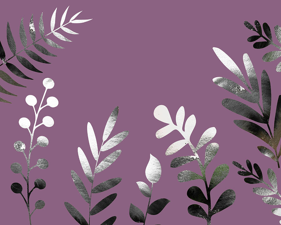 Silver Gray Leaves On Vintage Purple Botanical Pattern Herb Garden Silhouettes III Painting by Irina Sztukowski