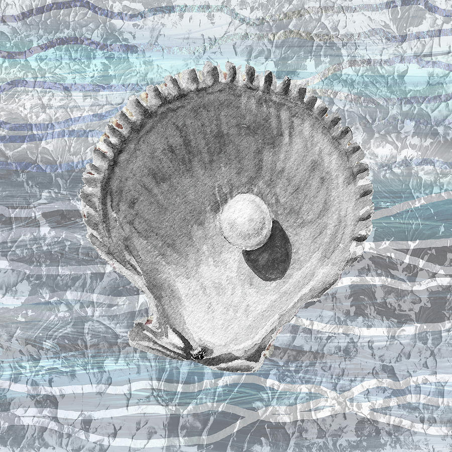 Silver Gray Seashell On Ocean Shore Waves And Rocks IV Painting by Irina Sztukowski