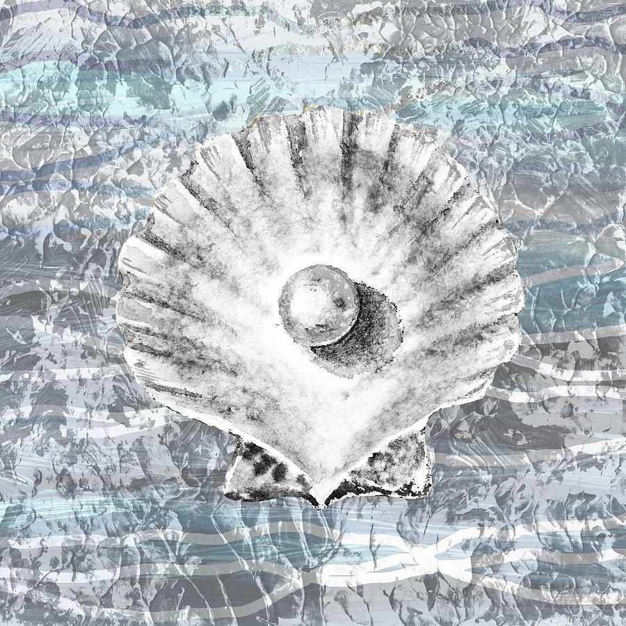 Silver Gray Seashell On Ocean Shore Waves And Rocks V Painting by Irina Sztukowski
