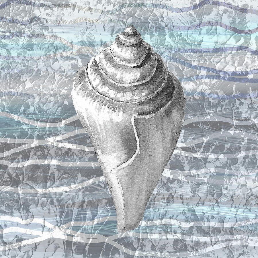 Silver Gray Seashell On Ocean Shore Waves And Rocks VII Painting by Irina Sztukowski