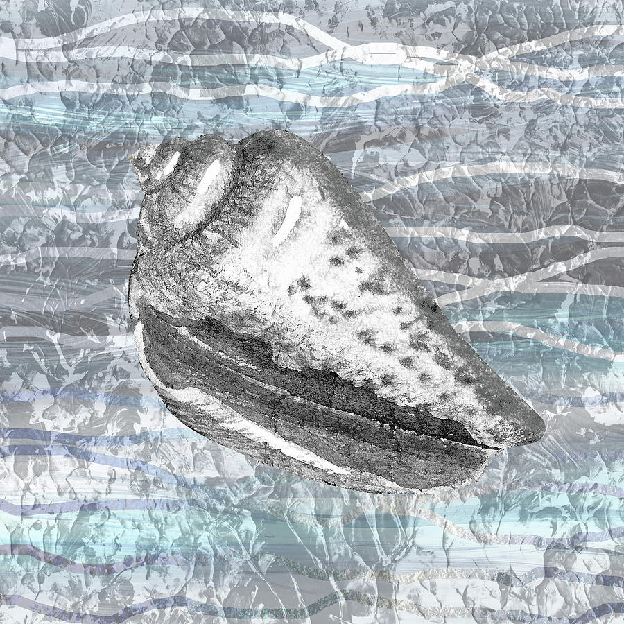 Silver Gray Seashell On Ocean Shore Waves And Rocks VIII Painting by Irina Sztukowski