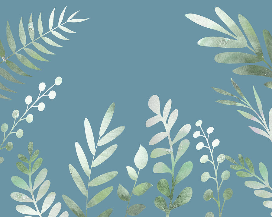 Silver Gray Watercolor Botanical Leaves On Teal Blue Herb Garden Silhouettes I Painting by Irina Sztukowski