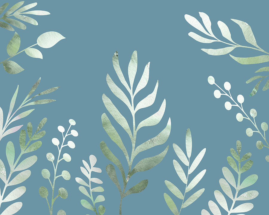 Silver Gray Watercolor Botanical Leaves On Teal Blue Herb Garden Silhouettes II Painting by Irina Sztukowski