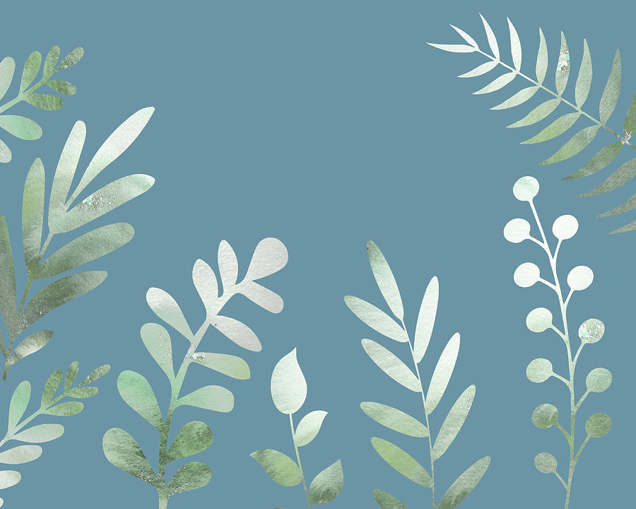 Silver Gray Watercolor Botanical Leaves On Teal Blue Herb Garden Silhouettes III Painting by Irina Sztukowski