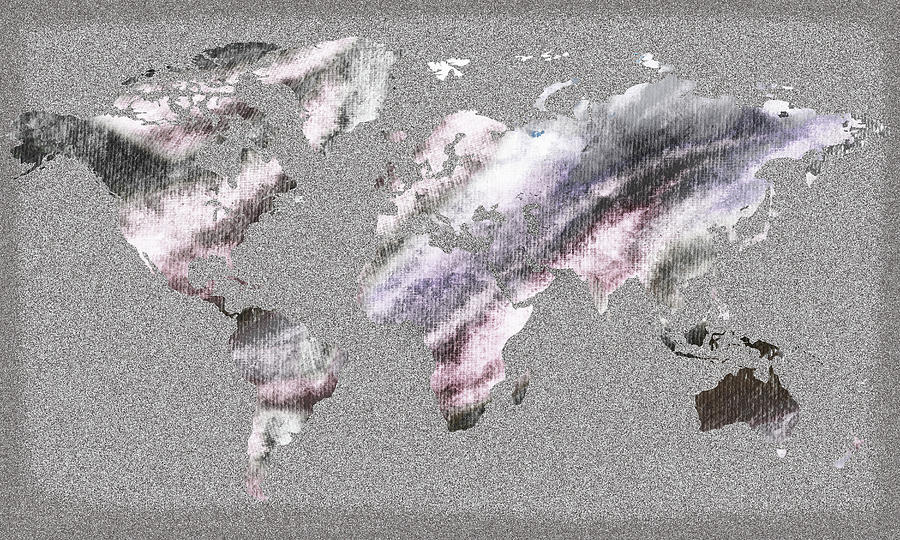 Silver Marble World Map Watercolor Silhouette With Gray Background I Painting by Irina Sztukowski