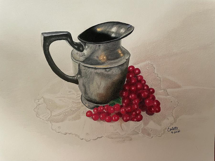 Silver pitcher with grapes Drawing by Colette Lee
