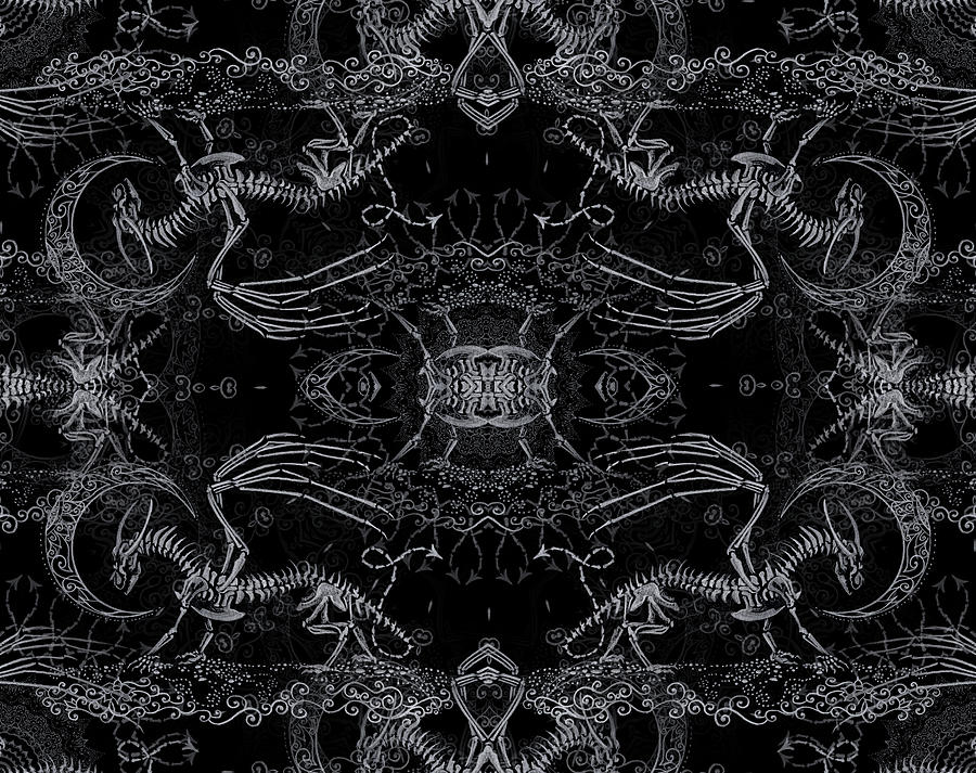 Silver Skeletal Dragon Kaleidoscope Layered Tile Digital Art by Katherine Nutt