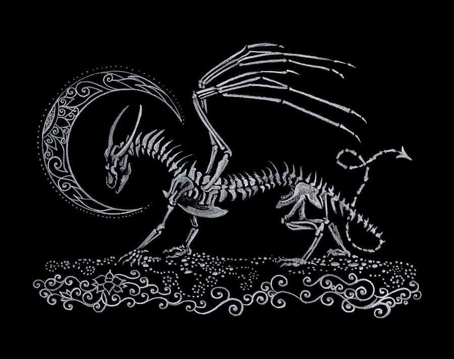 Silver Skeletal Dragon Drawing by Katherine Nutt