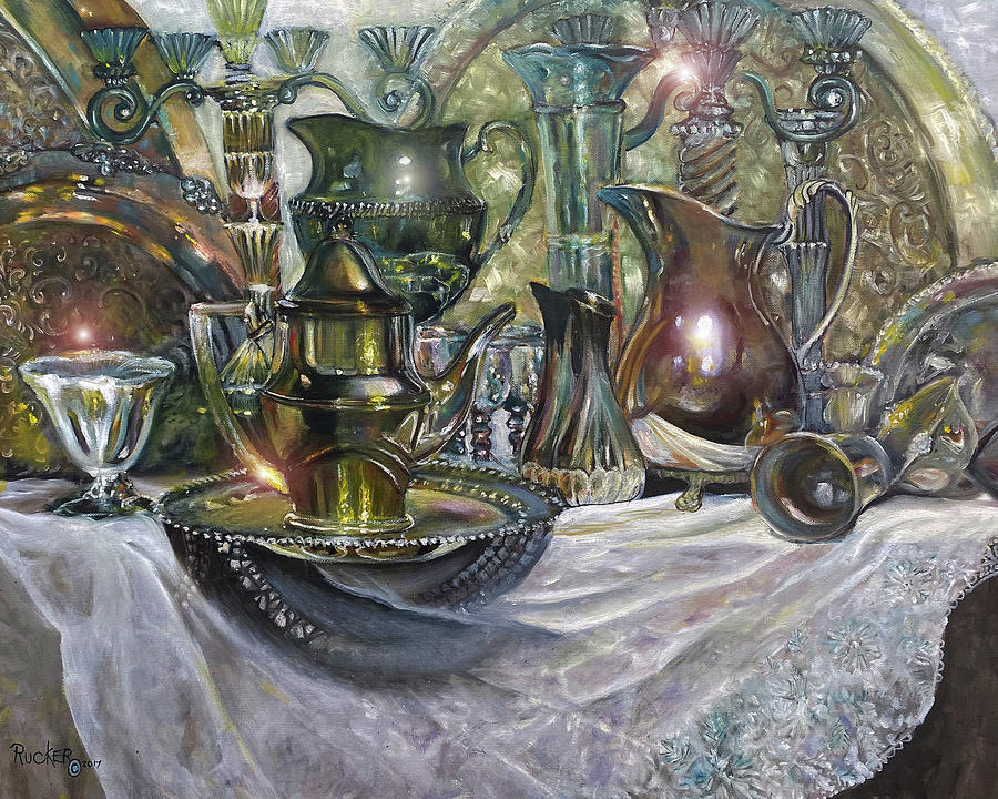 Silver Painting - Silver Vessels On Linen by Mary Rucker