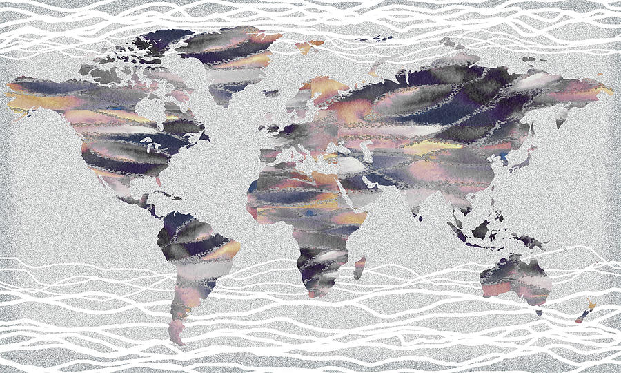 Silver Wave Gray Watercolor World Map Silhouette  Painting by Irina Sztukowski