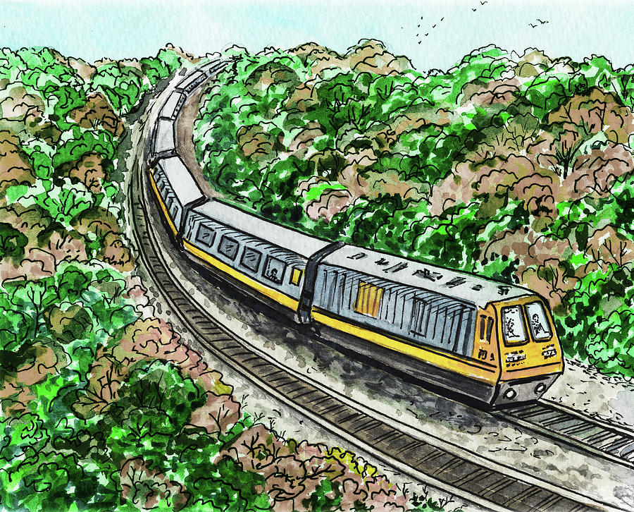 Silver Yellow Train Railway Through The Trees Watercolor  Painting by Irina Sztukowski