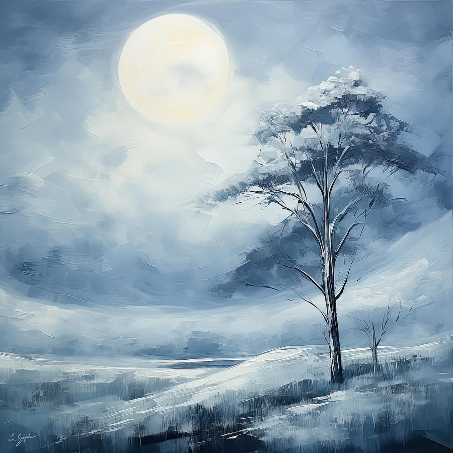 Blue Tree Painting - Silvery Symphony - Blue and Gray Art by Lourry Legarde
