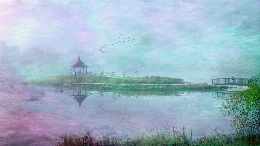 Simley Lake Pavilion Painterly 16x9 Mixed Media by Patti Deters