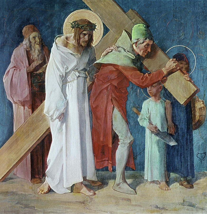 Simon of Cyrene Helps Jesus 5th Station of the Cross Feuerstein Painting by Martin Feuerstein