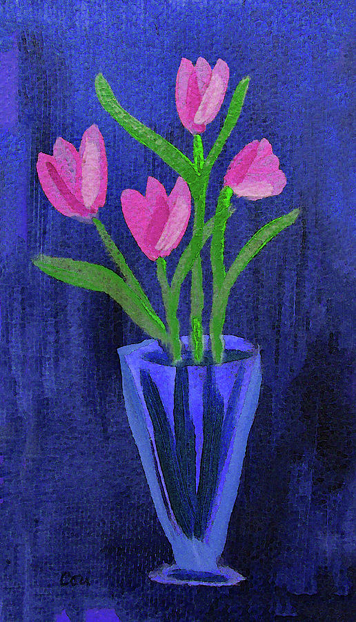 Simple Pink Tulips in Blue Painting by Corinne Carroll