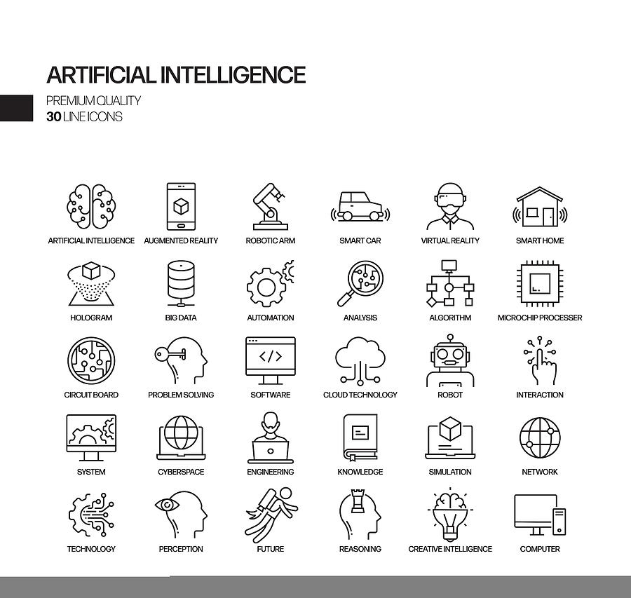Simple Set of Artificial Intelligence Related Vector Line Icons. Outline Symbol Collection. Drawing by Designer